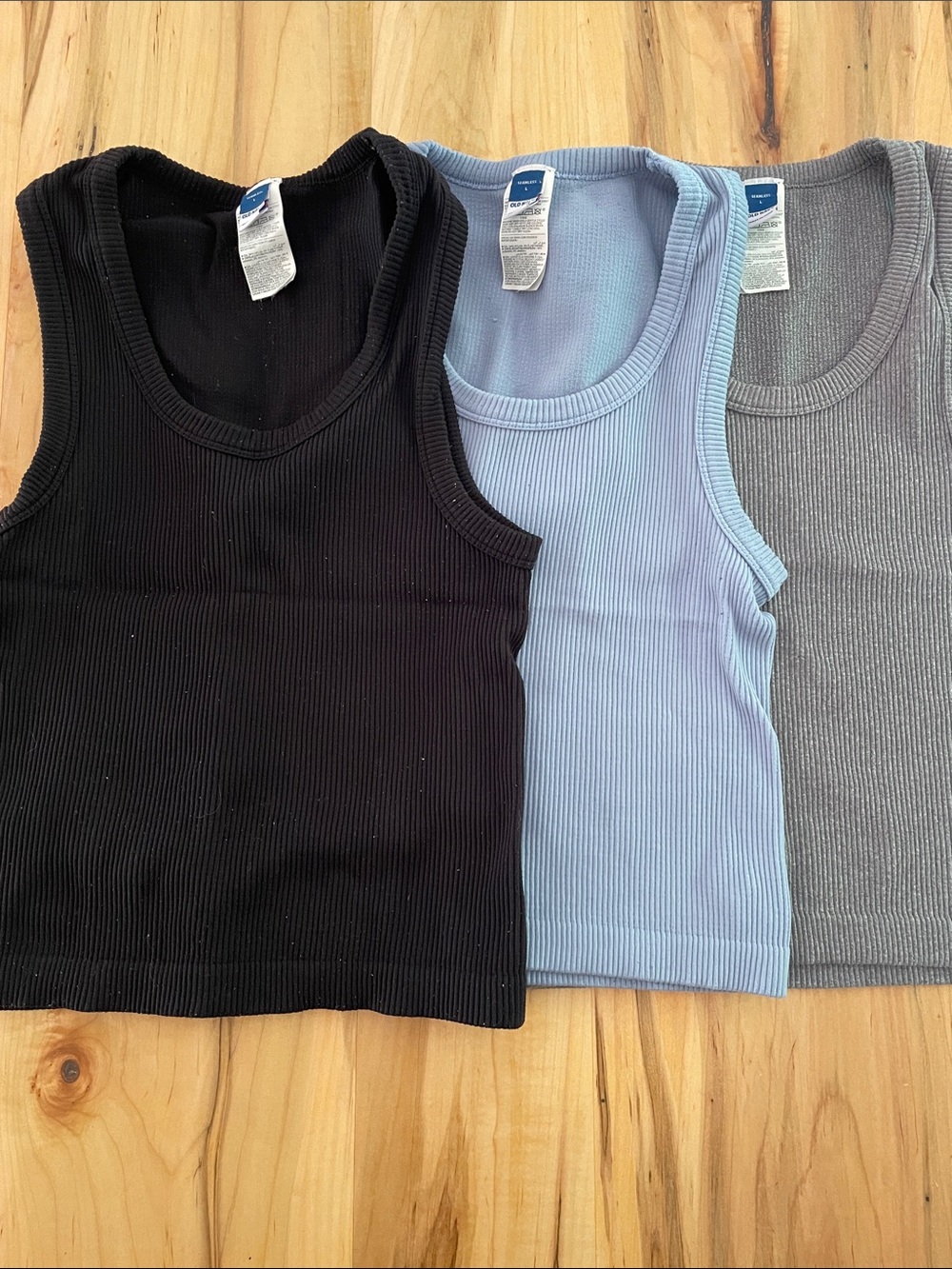 Old Navy Ribbed Tank Top Trio - Black, Light Blue, Gray